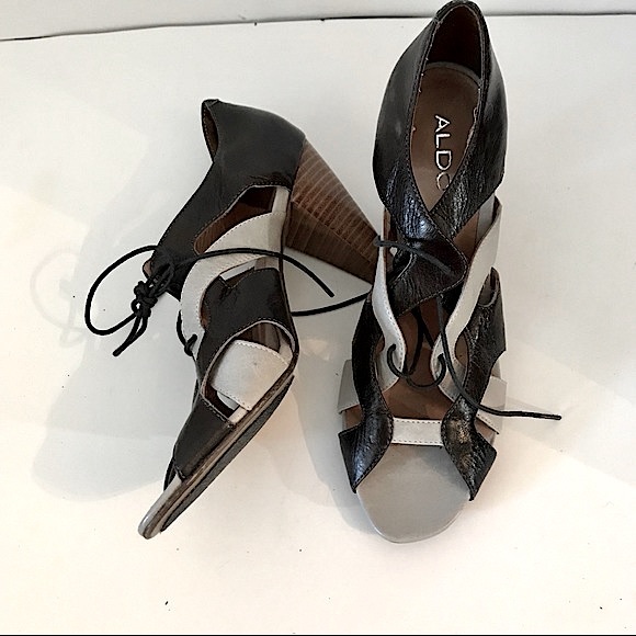 NEW ALDO GENUINE LEATHER CHOCOLATE BROWN/LIGHT GREY OPEN-TOE LACE-UP SHOES 39 - Picture 3 of 8